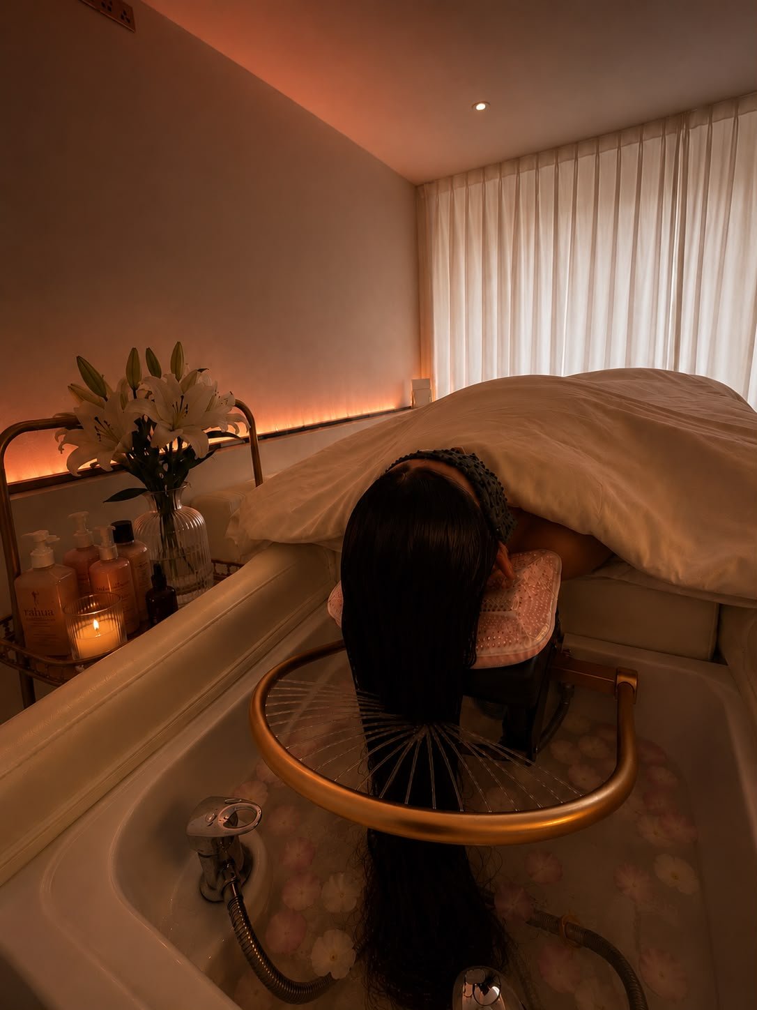 Signature waterfall hair rinse ritual at Maple Head Spa